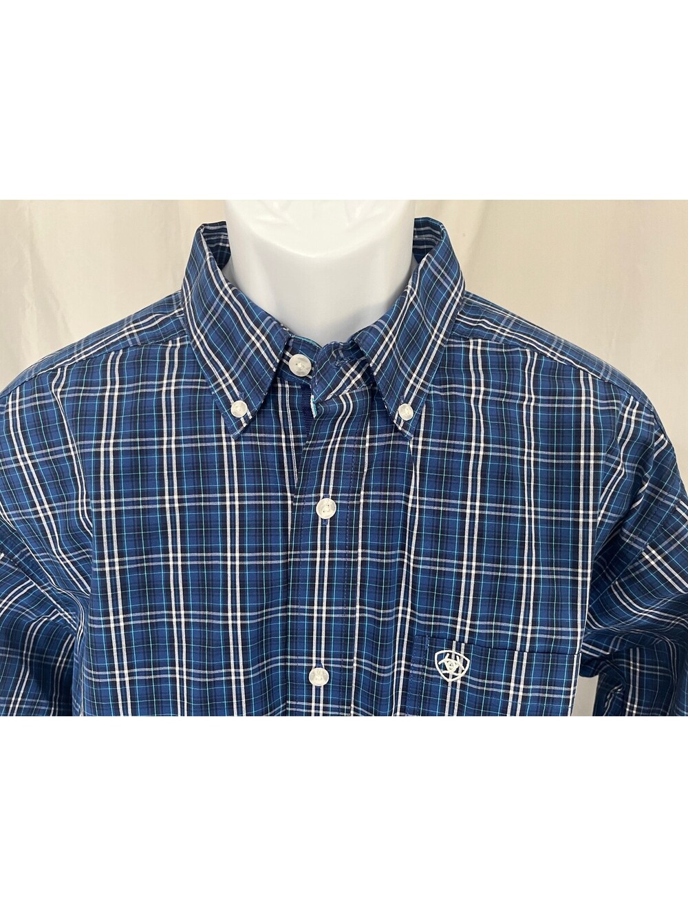Ariat Pro Series Men's Blue White Green Vinted Long Sleeve Cowboy Shirt Large L